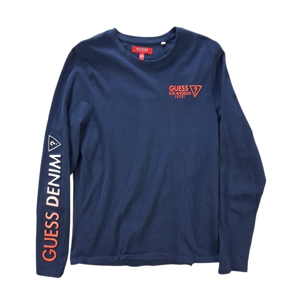 Guess Los Angeles LXXXI Long Sleeve T Shirt Navy Mens Medium Orange Logo